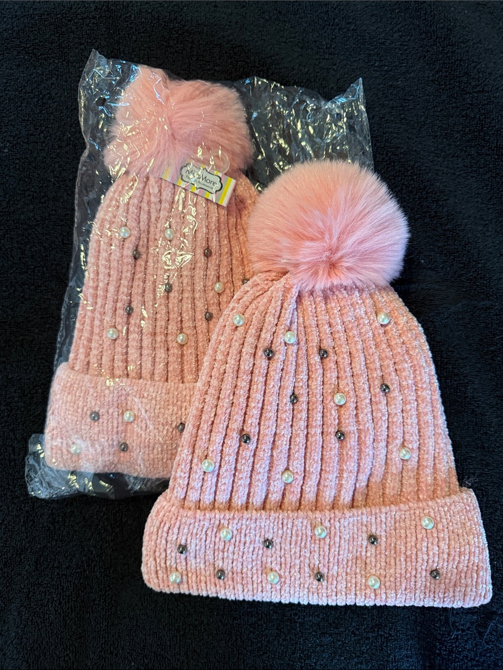 Pink Faux Fur Pom Beanie with Pearl Accents